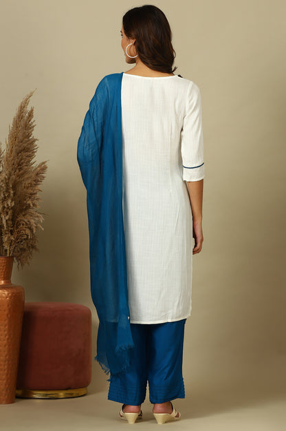 White Floral Printed Kurta, Pleated Narrow Palazzo and Dupatta Set