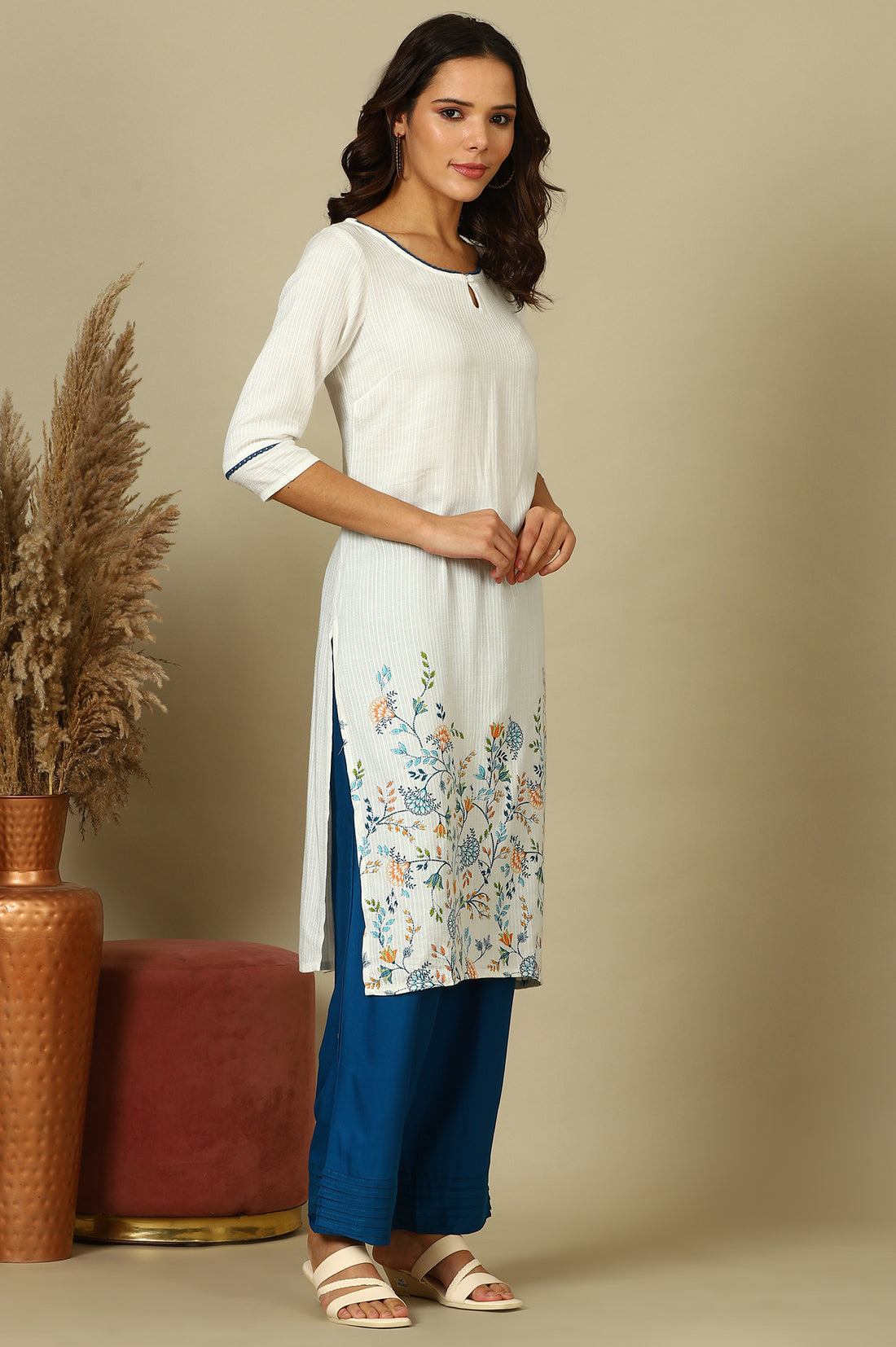 White Floral Printed Kurta, Pleated Narrow Palazzo and Dupatta Set