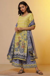 Yellow Placement Printed Kurta, Culottes and Dupatta Set