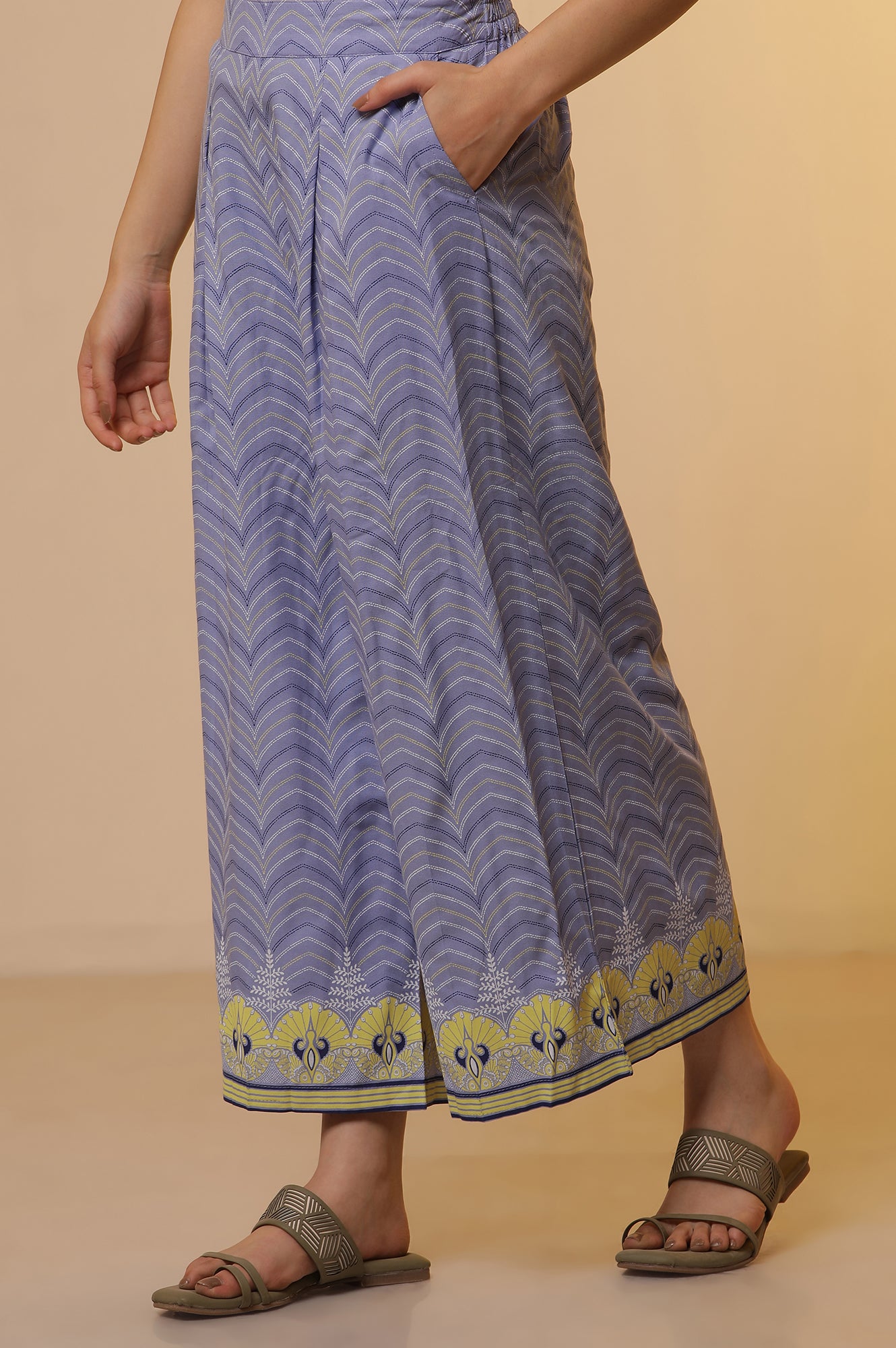 Yellow Placement Printed Kurta, Culottes and Dupatta Set