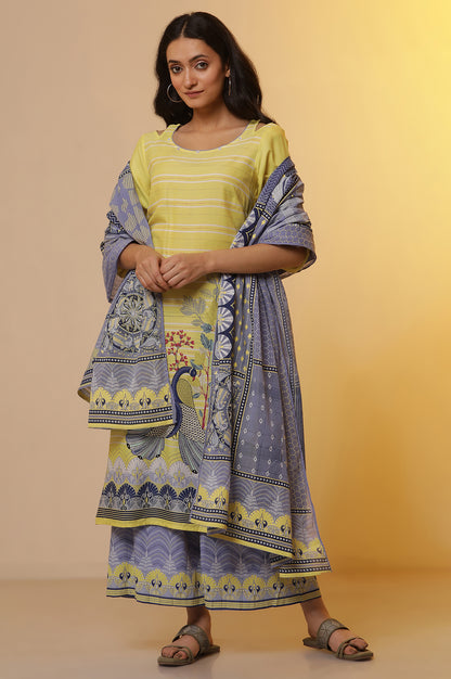 Yellow Placement Printed Kurta, Culottes and Dupatta Set