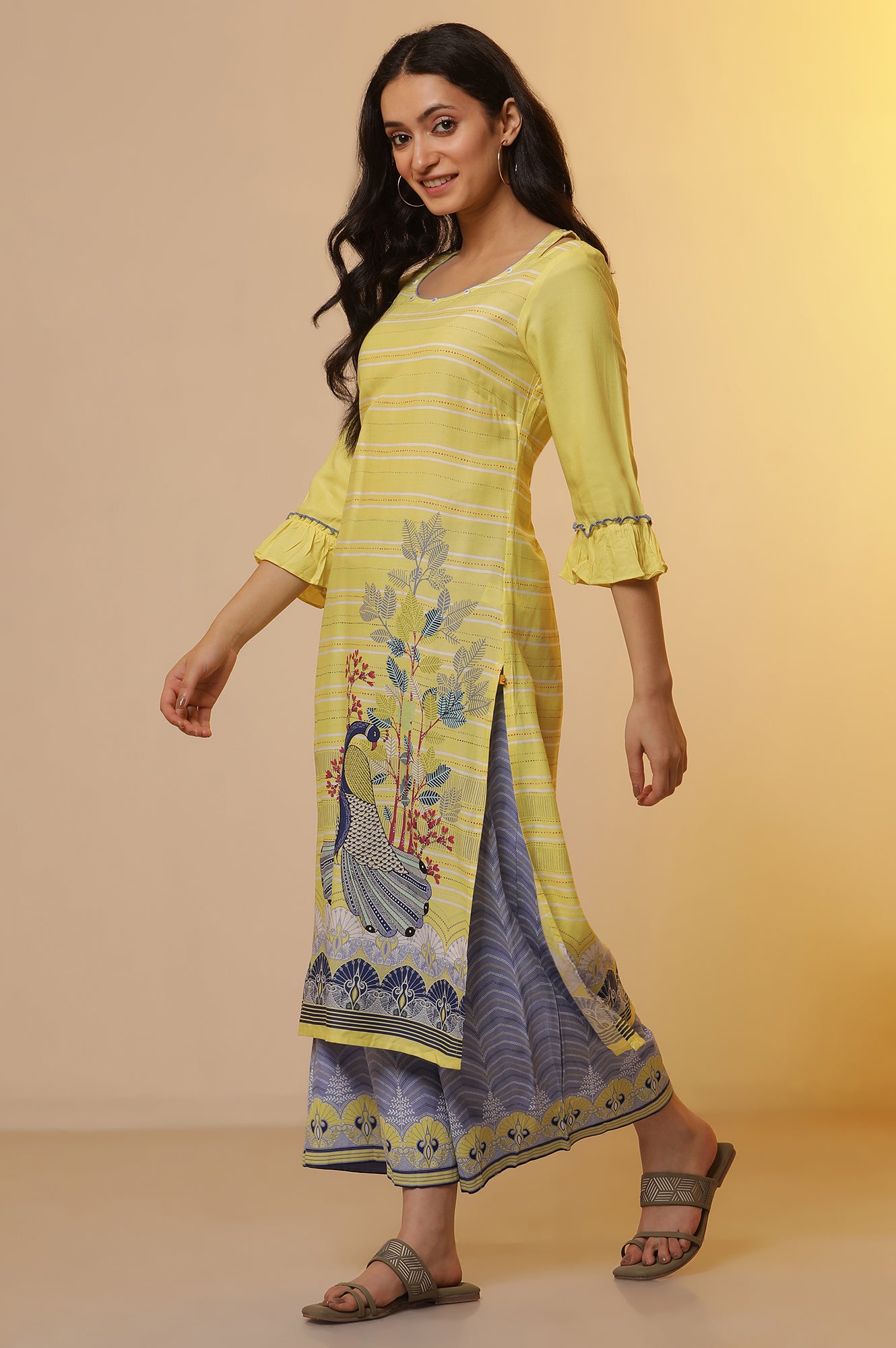 Yellow Placement Printed Kurta, Culottes and Dupatta Set