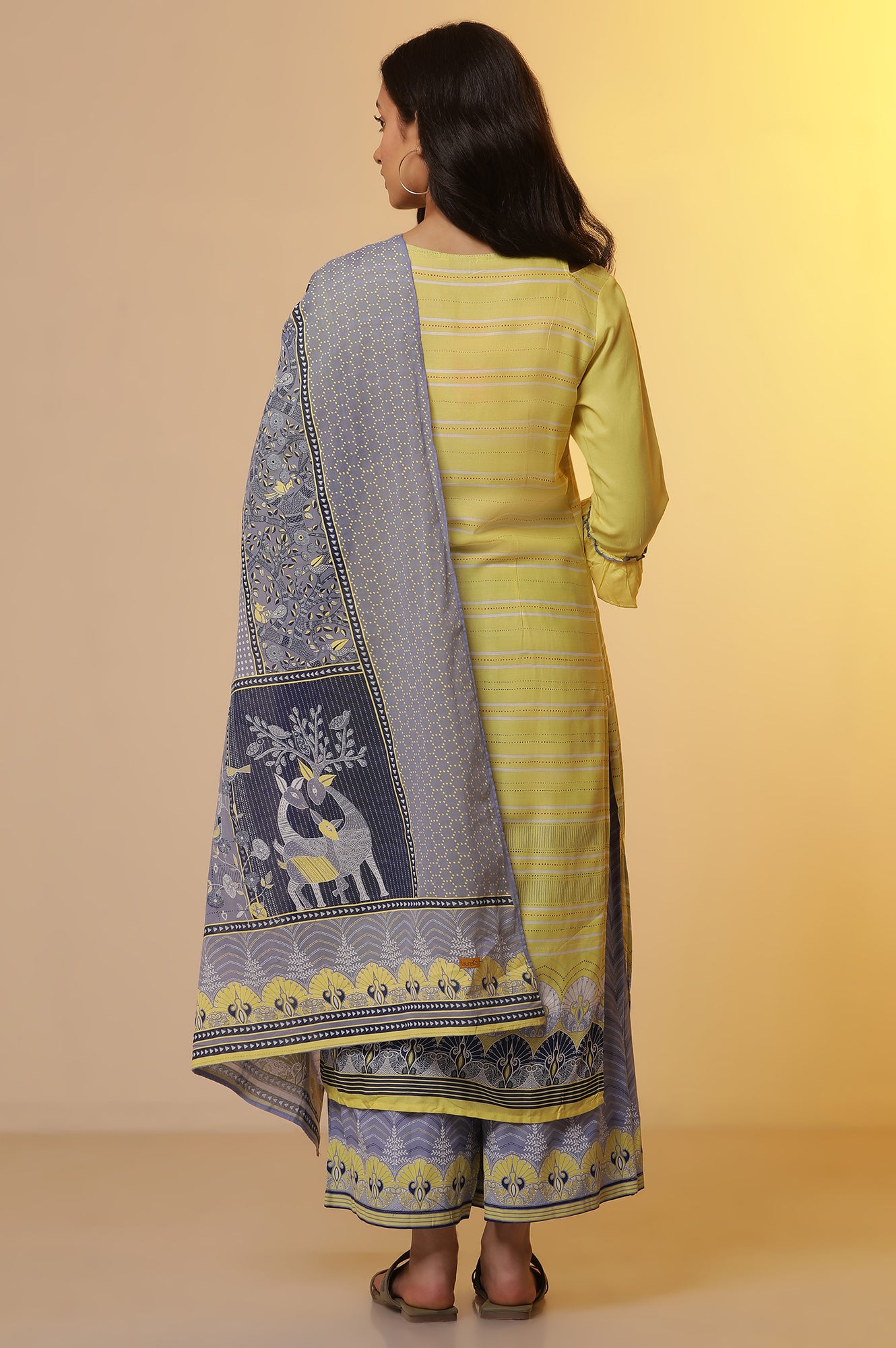 Yellow Placement Printed Kurta, Culottes and Dupatta Set