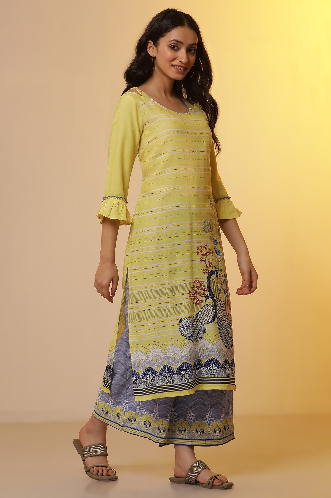 Yellow Placement Printed Kurta, Culottes and Dupatta Set