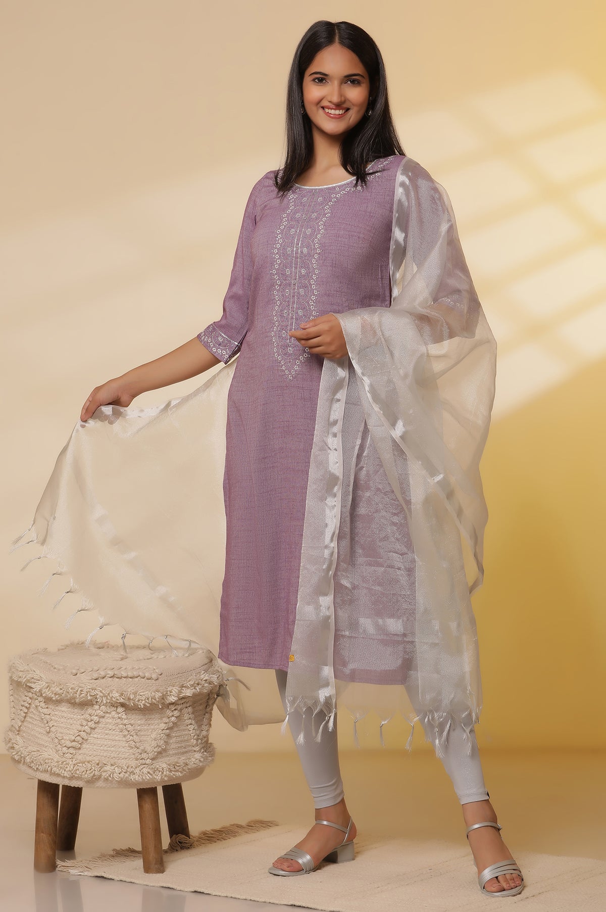 Purple Embroidered Kurta, Tights and Banarasi Dupatta Set - XS