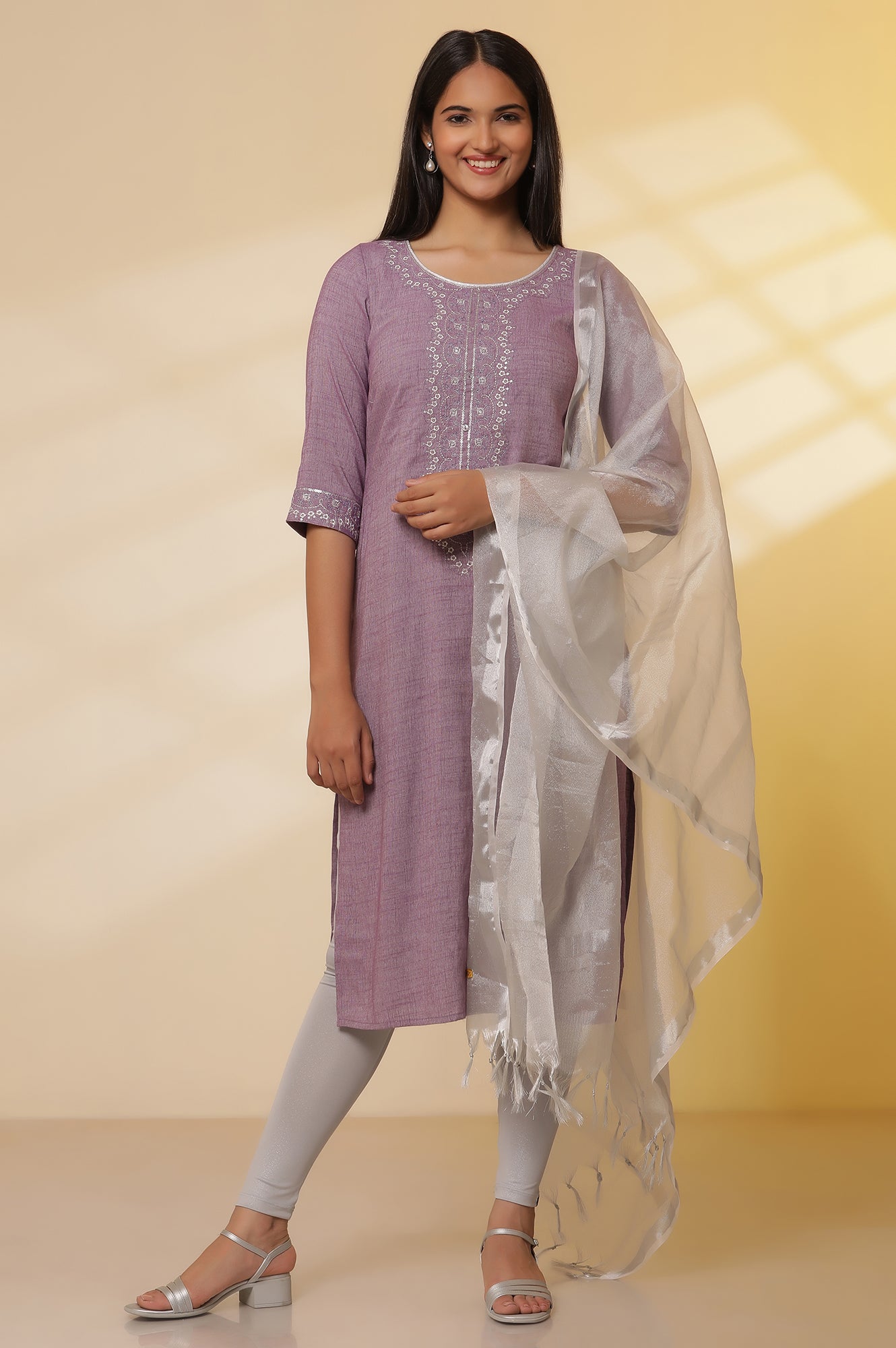 Purple-Embroidered-Kurta,-Tights-and-Banarasi-Dupatta-Set