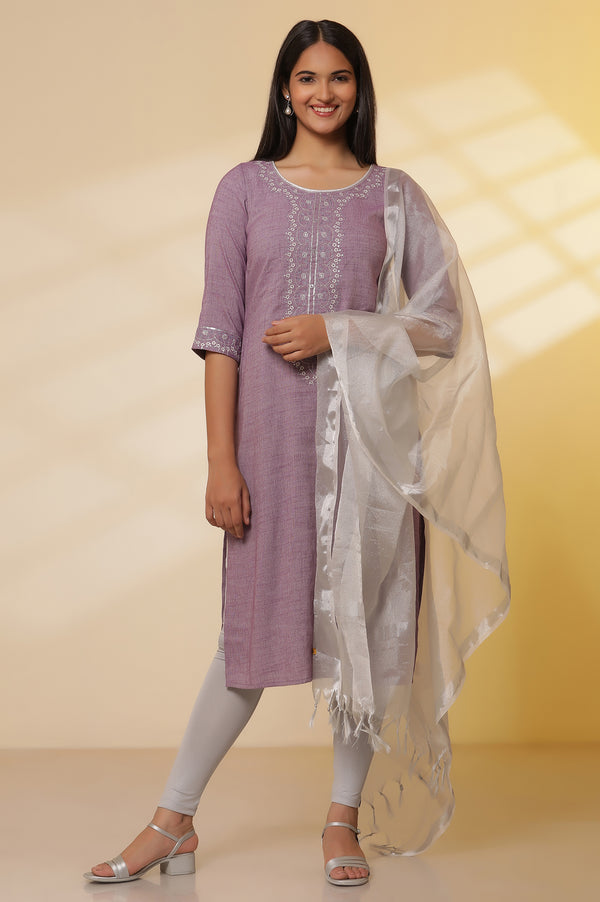 Purple Embroidered Kurta, Tights and Banarasi Dupatta Set