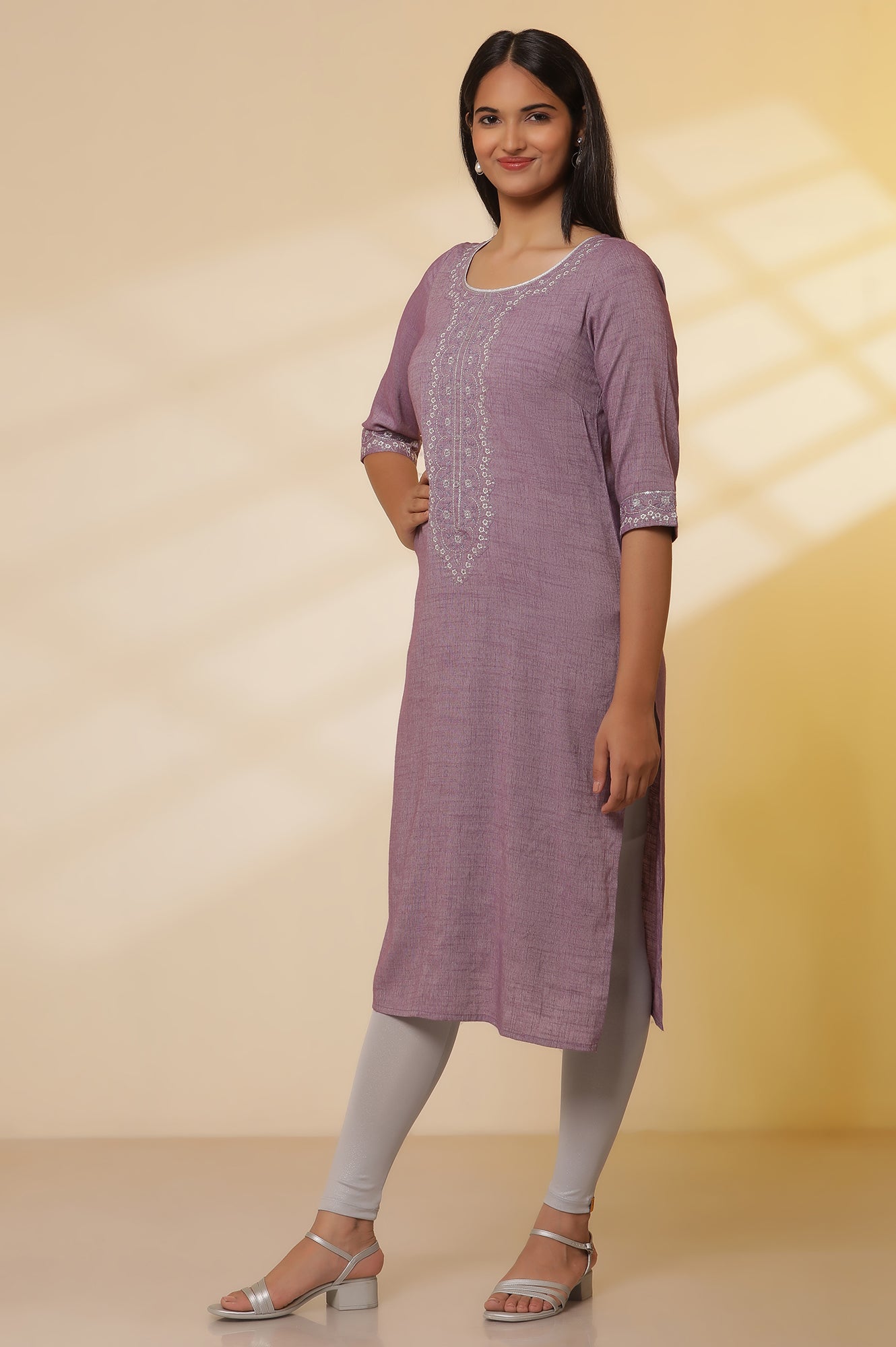 Purple-Embroidered-Kurta,-Tights-and-Banarasi-Dupatta-Set