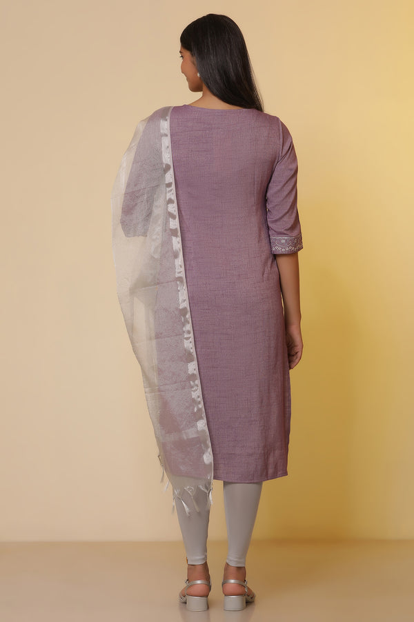 Purple Embroidered Kurta, Tights and Banarasi Dupatta Set