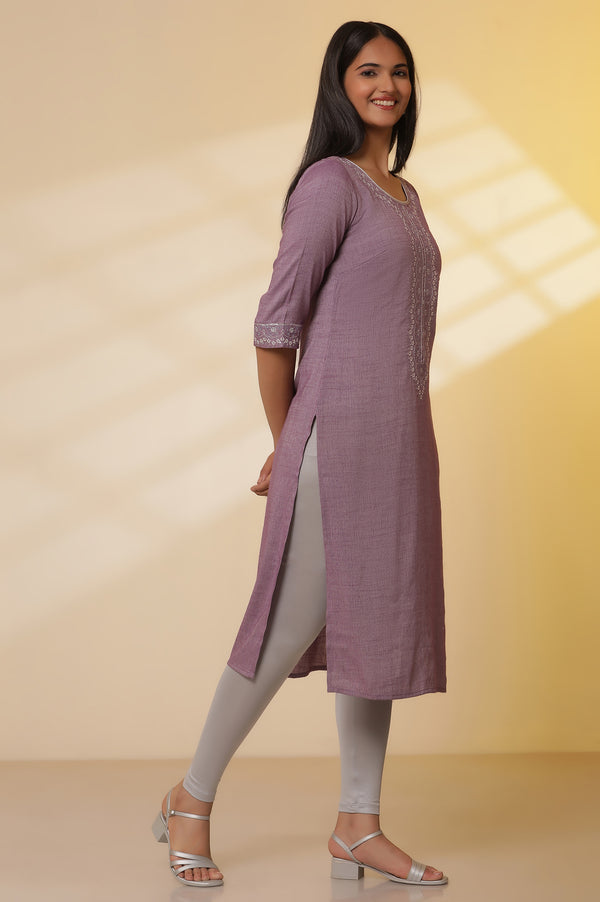 Purple Embroidered Kurta, Tights and Banarasi Dupatta Set