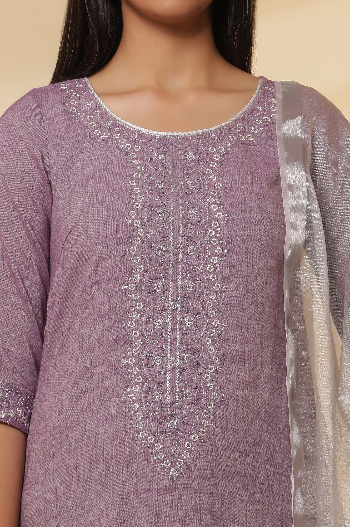 Purple-Embroidered-Kurta,-Tights-and-Banarasi-Dupatta-Set