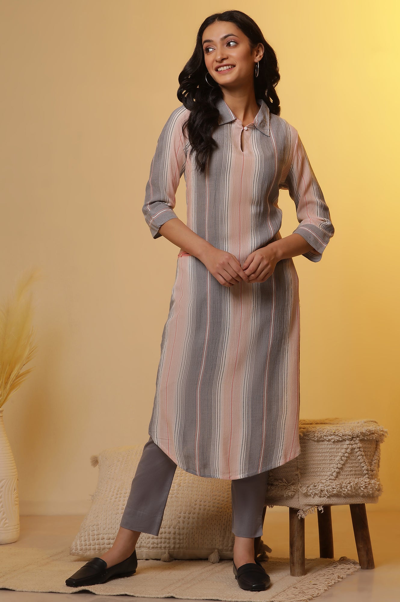 Multi-coloured Stripe Printed Kurta and Trousers Set