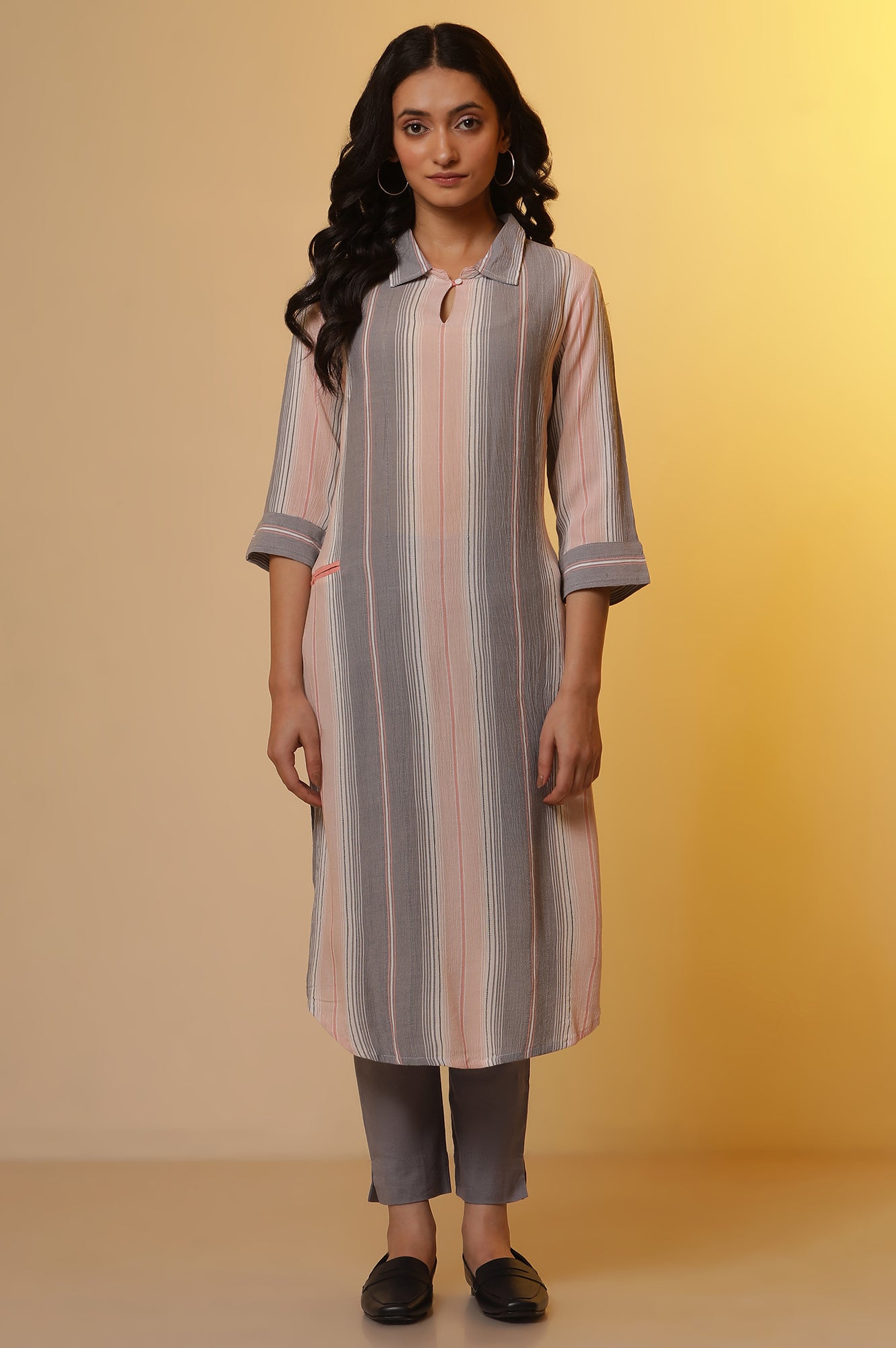 Multi-coloured Stripe Printed Kurta and Trousers Set