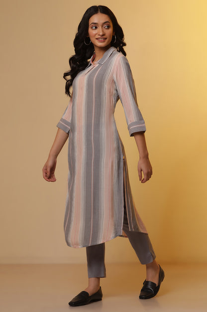 Multi-coloured Stripe Printed Kurta and Trousers Set