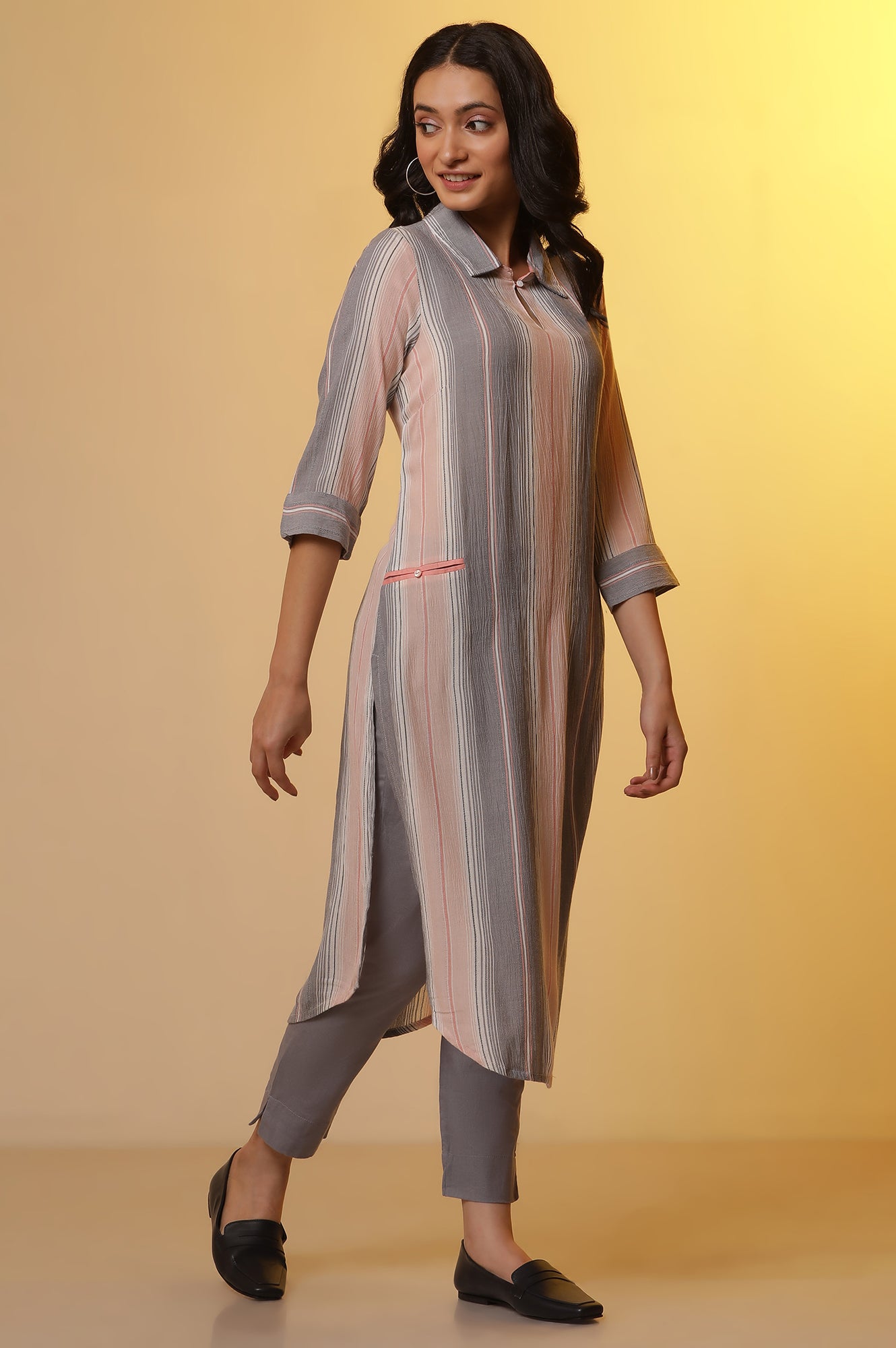 Multi-coloured Stripe Printed Kurta and Trousers Set