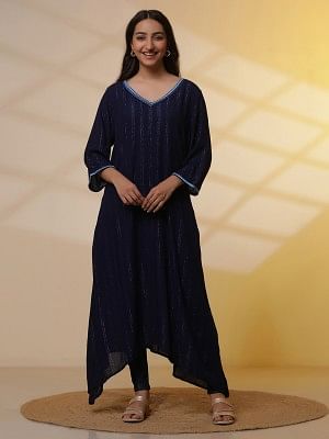 Blue Embroidered Asymmetrical Kurta and Denim Lycra Jeggings