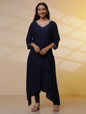 Blue Embroidered Asymmetrical Kurta and Denim Lycra Jeggings