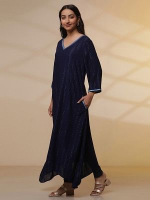 Blue Embroidered Asymmetrical Kurta and Denim Lycra Jeggings