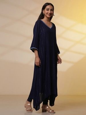 Blue Embroidered Asymmetrical Kurta and Denim Lycra Jeggings