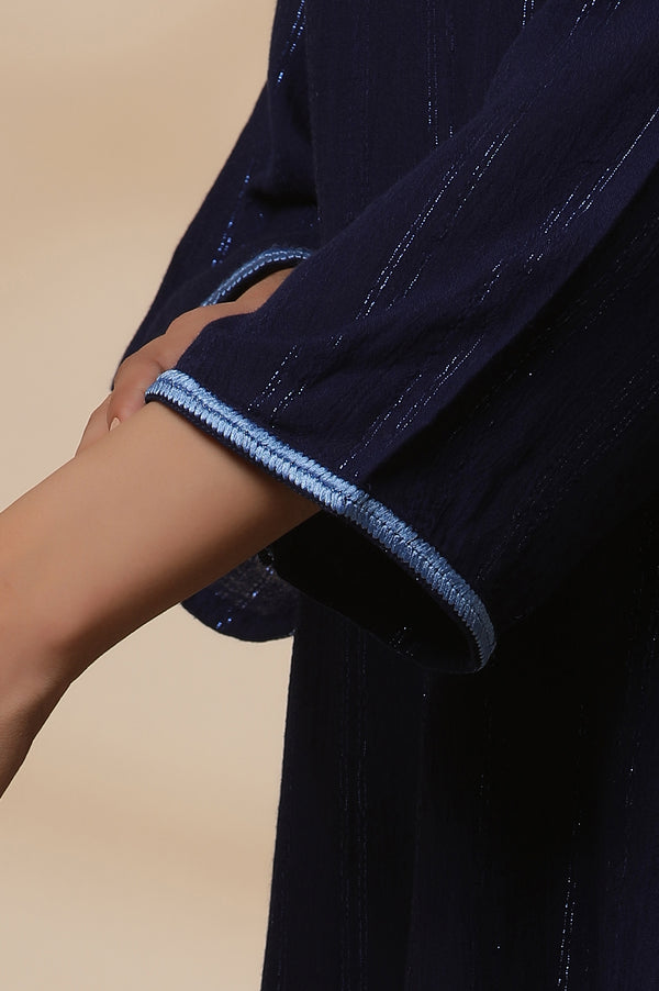 Blue Embroidered Asymmetrical Kurta and Denim Lycra Jeggings