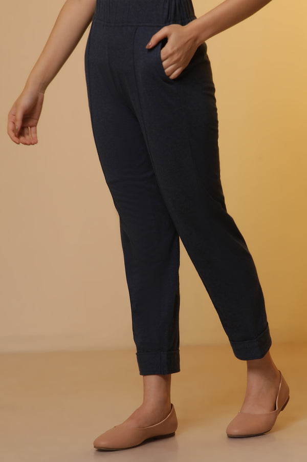 Blue Textured Cotton Checker Kurta and Pintuck Pants Set