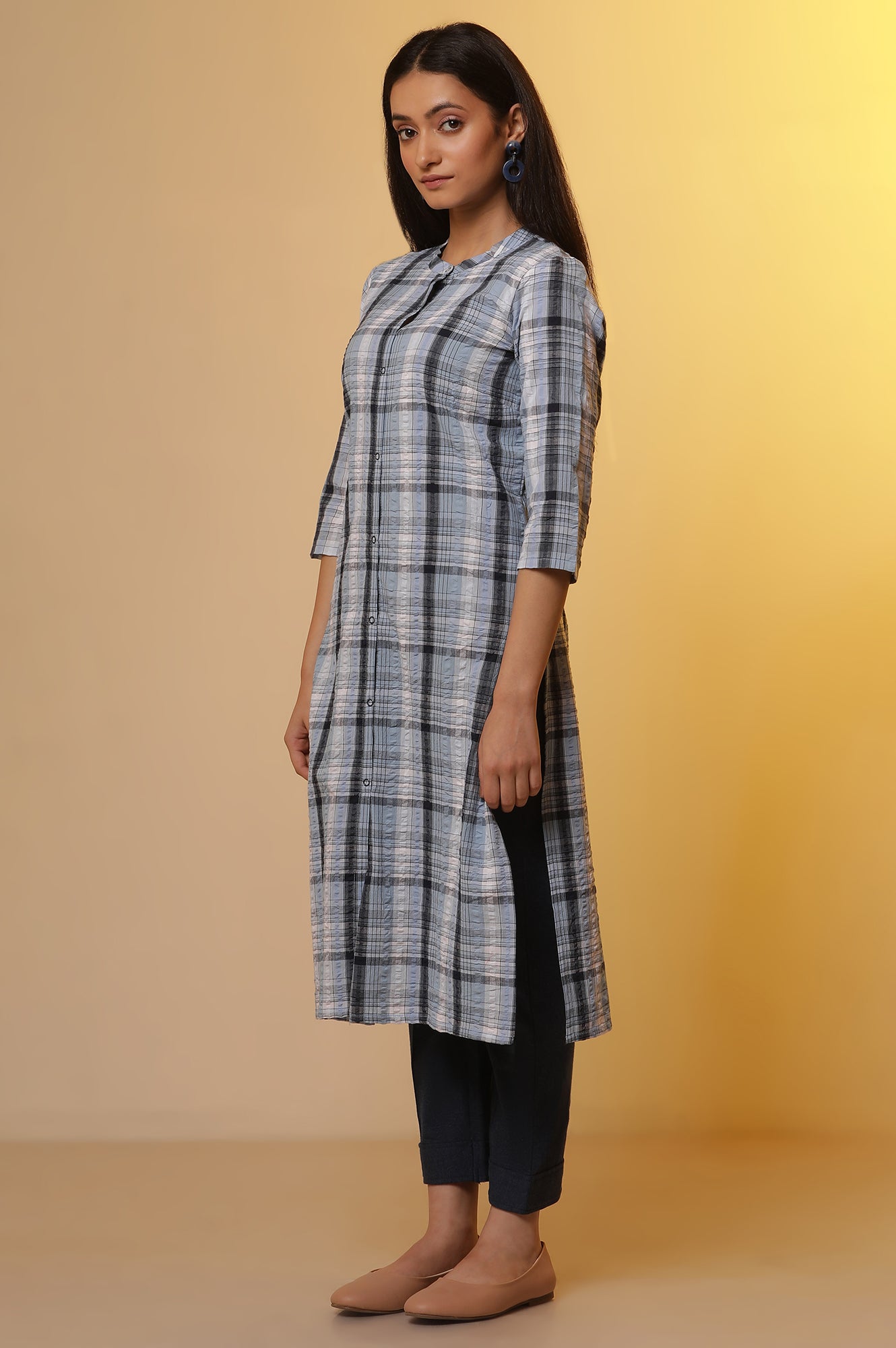 Blue Seer Sucker Checker Kurta and Pintuck Pants Set