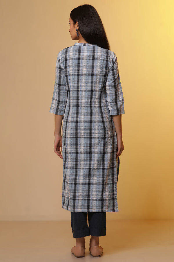 Blue Textured Cotton Checker Kurta and Pintuck Pants Set