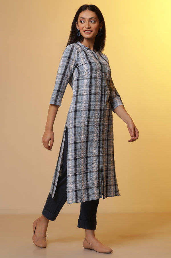 Blue Textured Cotton Checker Kurta and Pintuck Pants Set