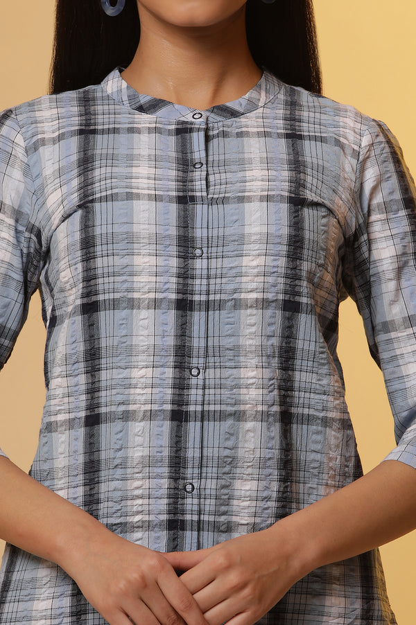 Blue Textured Cotton Checker Kurta and Pintuck Pants Set