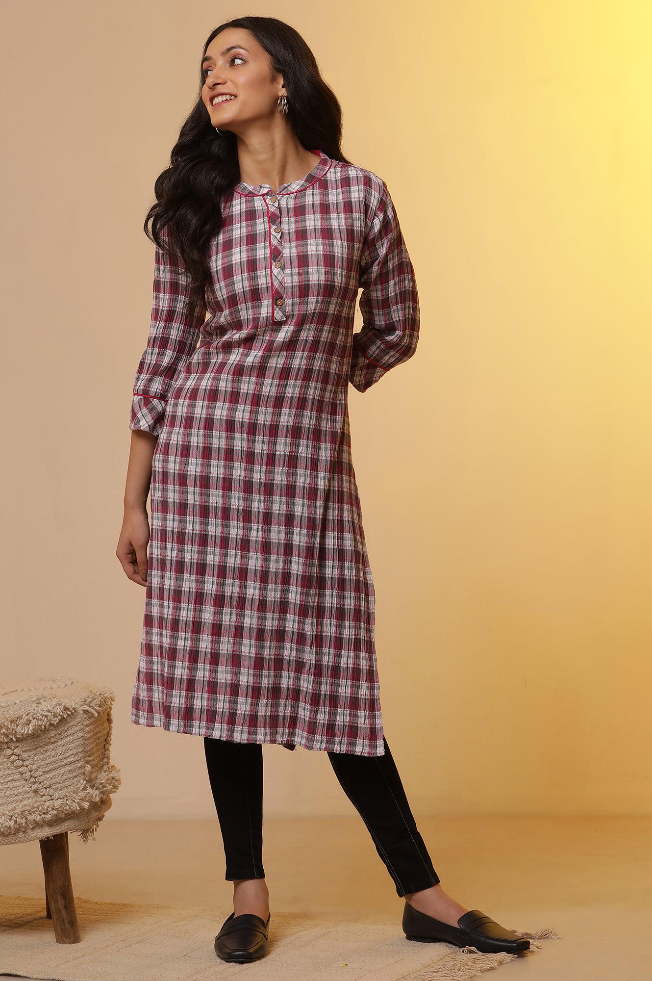 White and Magenta Checker Kurta and Denim Jeggings Set