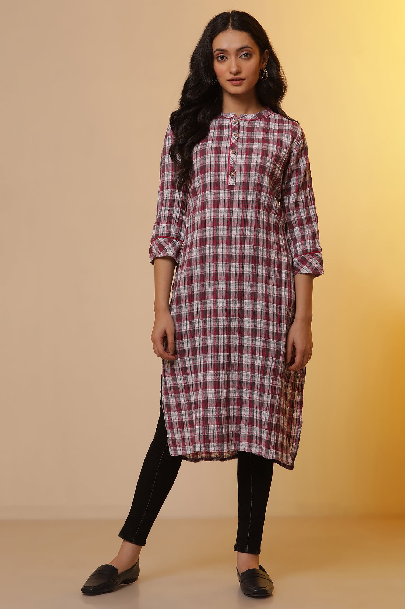 White and Magenta Checker Kurta and Denim Jeggings Set