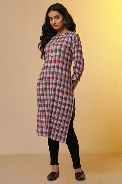 White and Magenta Checker Kurta and Denim Jeggings Set