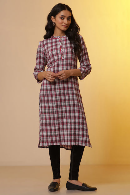 White and Magenta Checker Kurta and Denim Jeggings Set