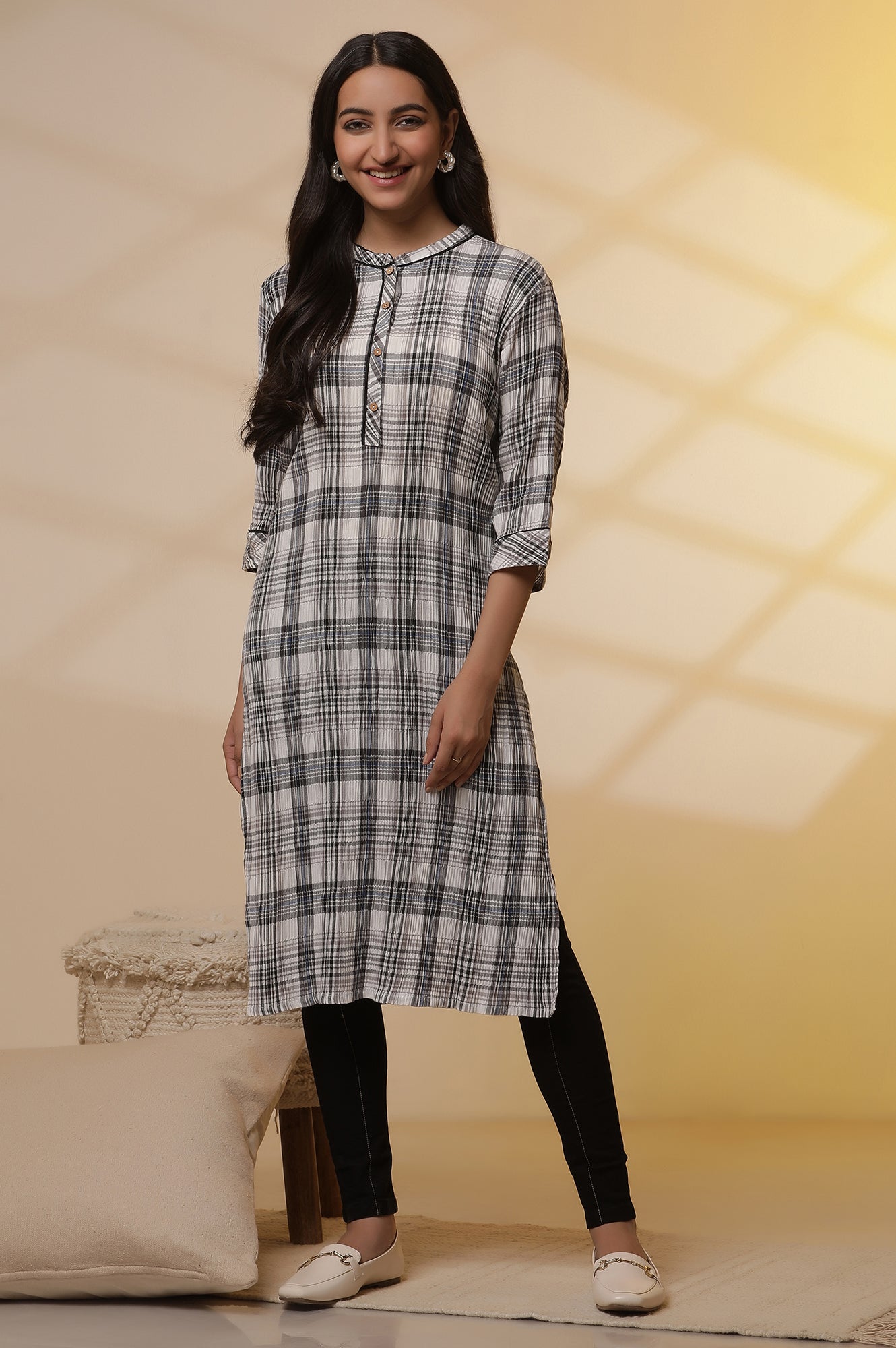 White and Black Checker Kurta and Denim Jeggings Set