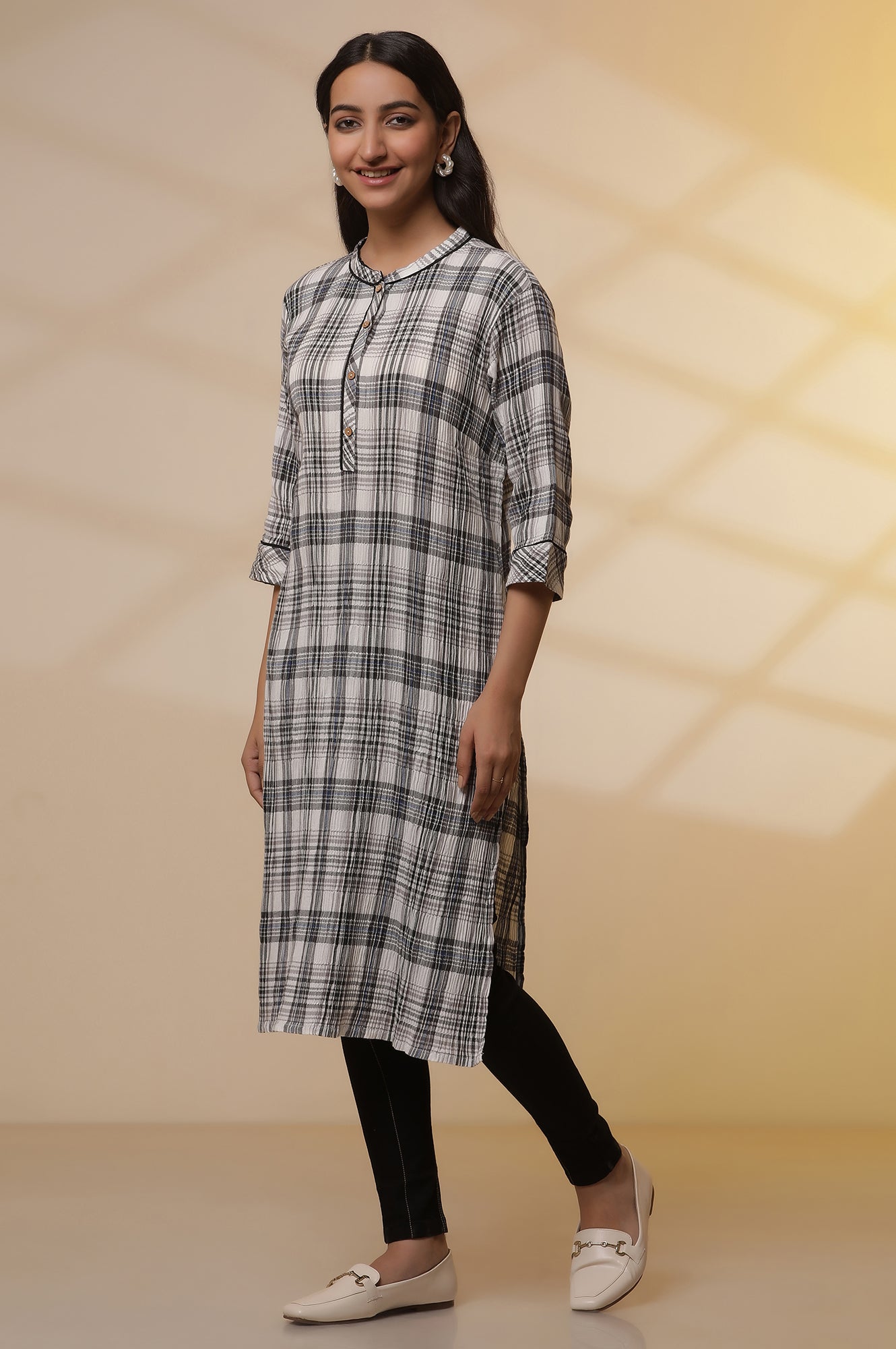 White and Black Checker Kurta and Denim Jeggings Set