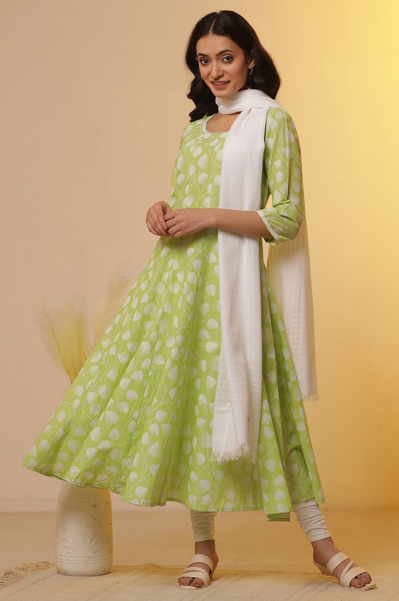 Green Floral Printed Anarkali Kurta, Tights and Dupatta Set