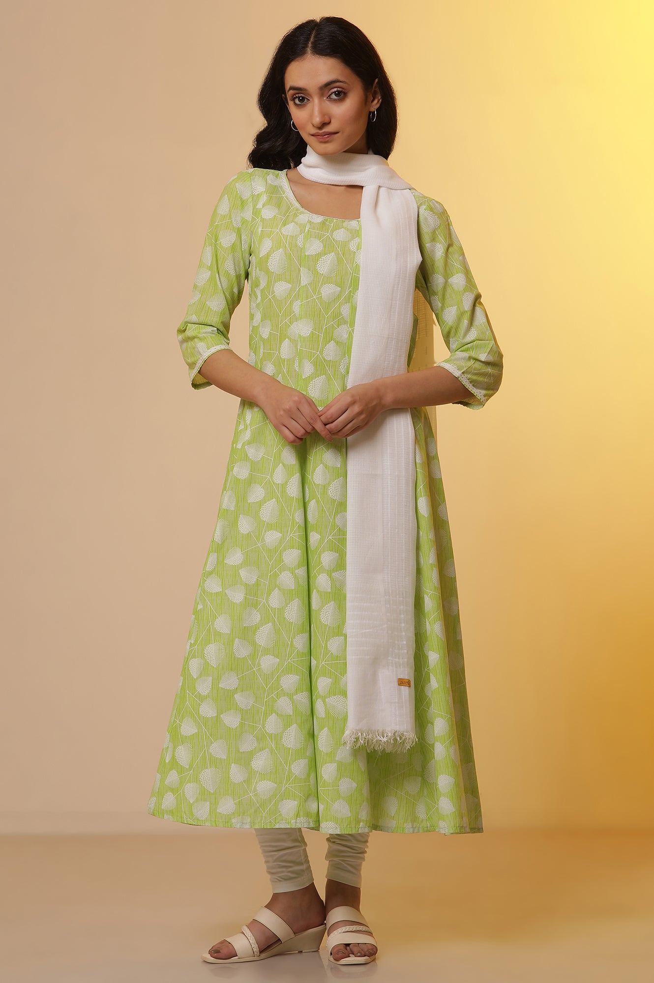 Green Floral Printed Anarkali Kurta, Tights and Dupatta Set