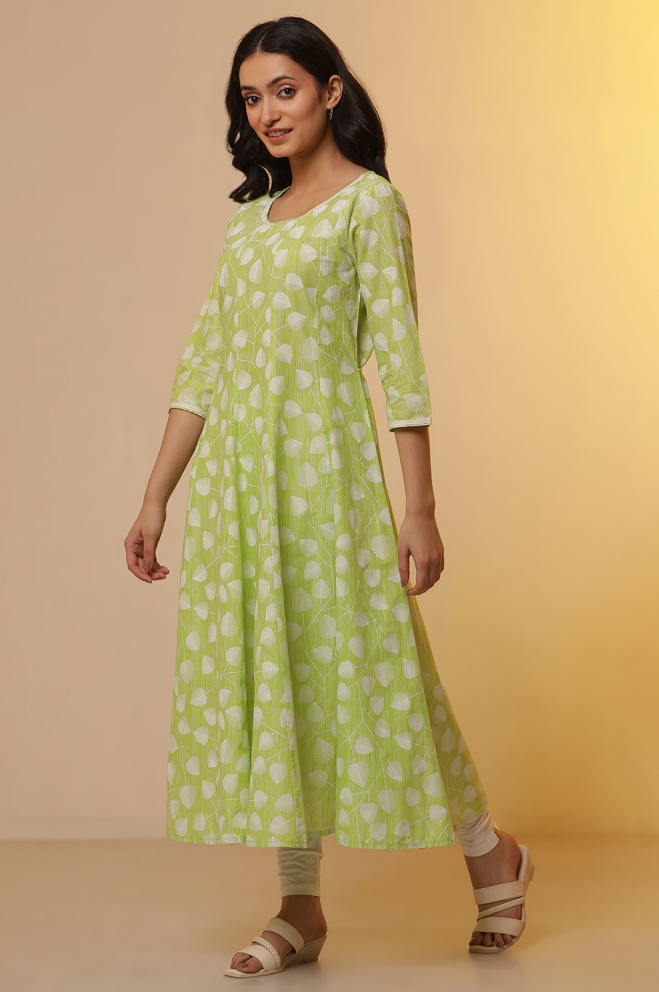 Green Floral Printed Anarkali Kurta, Tights and Dupatta Set