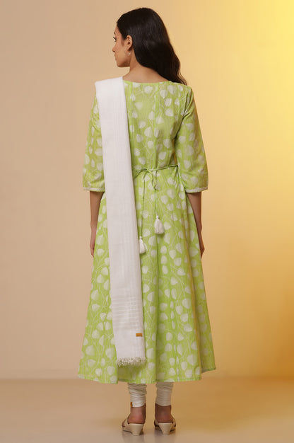 Green Floral Printed Anarkali Kurta, Tights and Dupatta Set