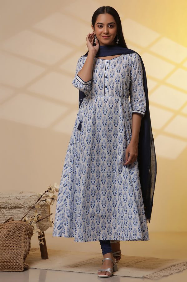 White Floral Printed Pure Cotton Flared Kurta, Tights and Dupatta Set