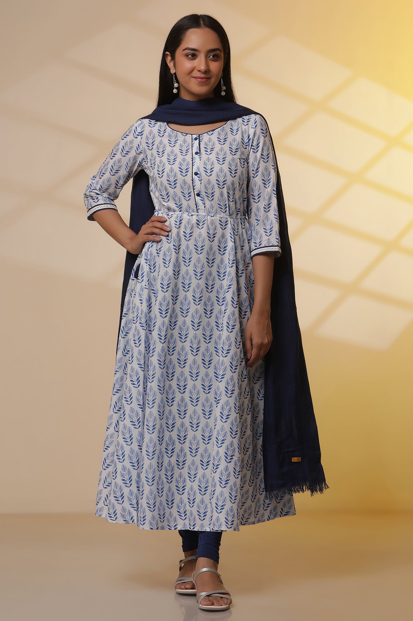 White-Floral-Printed-Pure-Cotton-Flared-Kurta,-Tights-and-Dupatta-Set