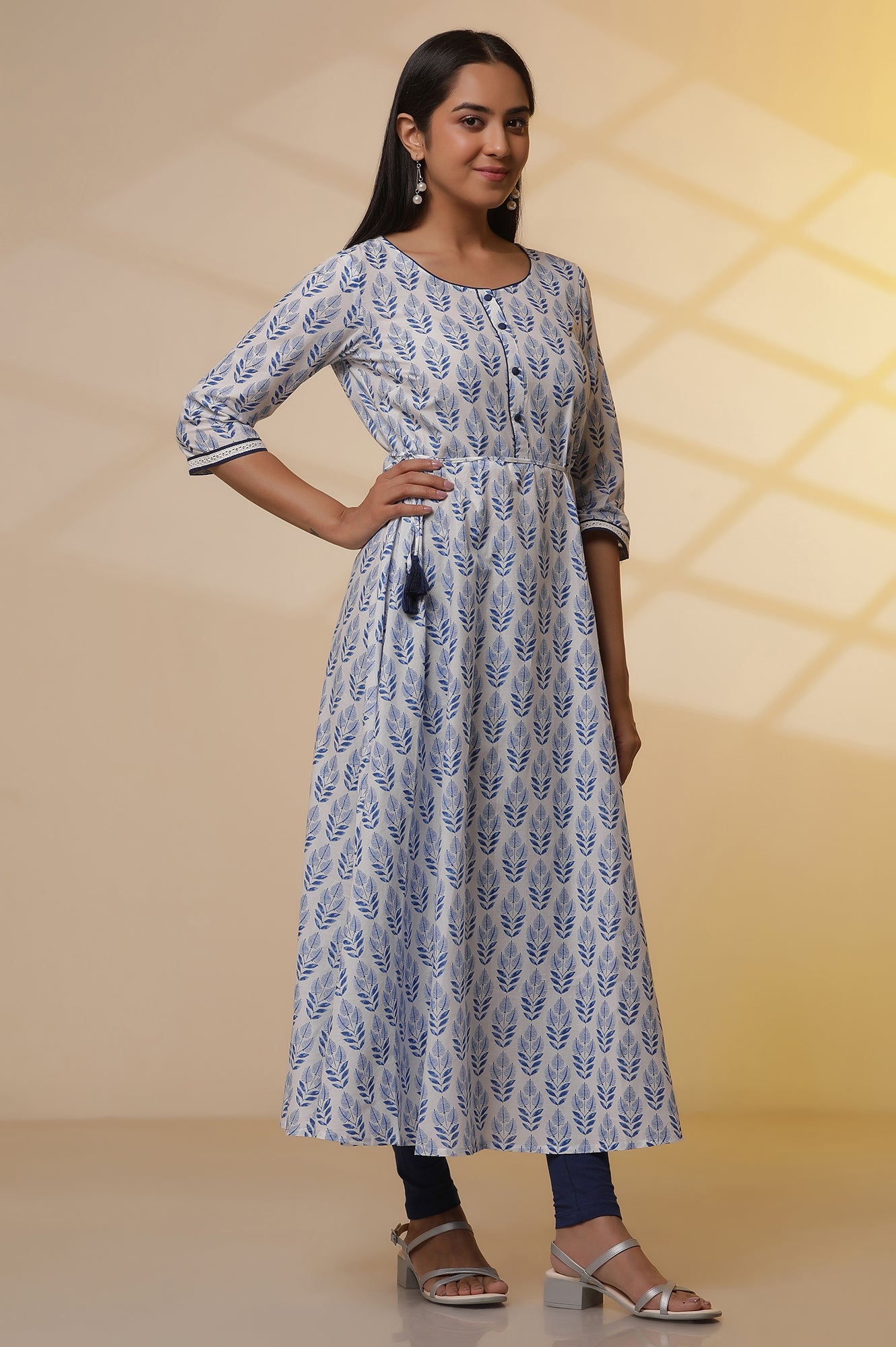 White-Floral-Printed-Pure-Cotton-Flared-Kurta,-Tights-and-Dupatta-Set