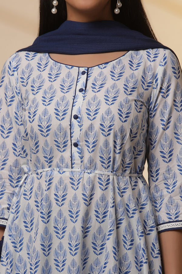 White Floral Printed Pure Cotton Flared Kurta, Tights and Dupatta Set