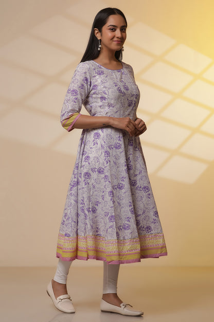 White-Floral-Printed-Flared-Kalidar-Kurta,-Tights-and-Dupatta-Set