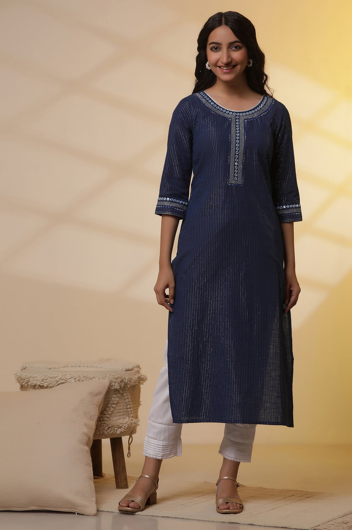 Elleven Women's Blue Lurex Straight Kurta and Pants Set - S