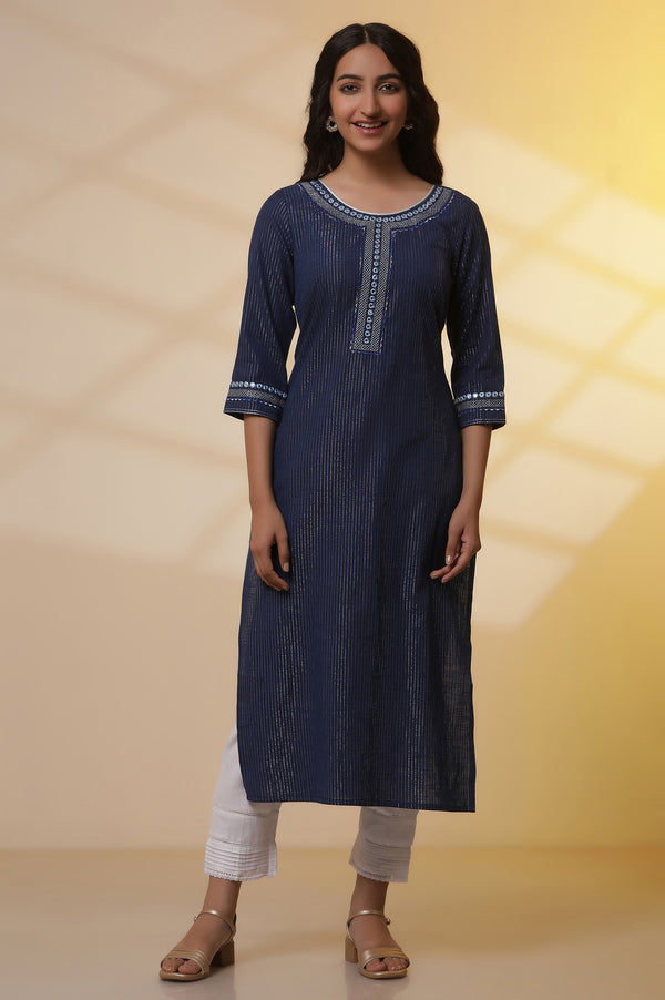 Elleven Women's Blue Lurex Straight Kurta and Pants Set