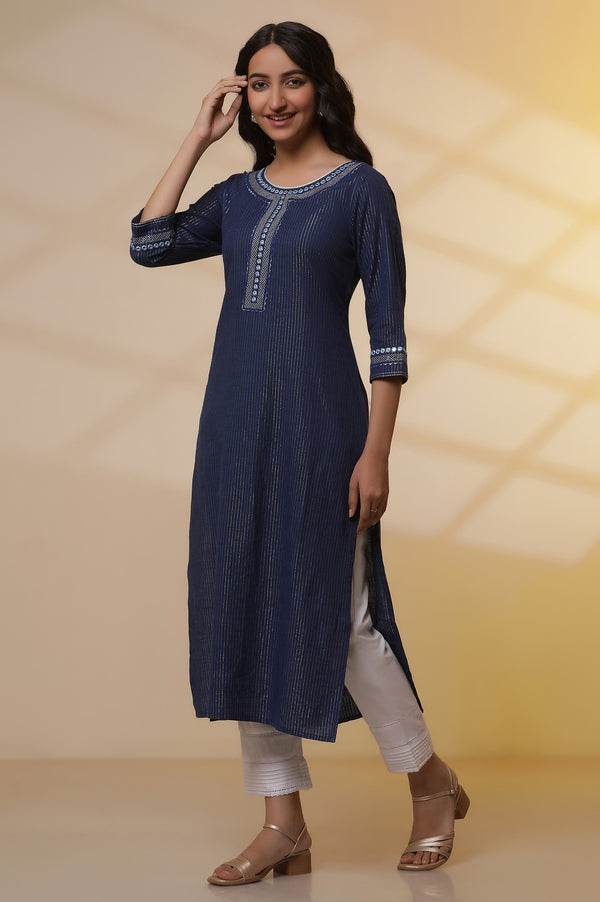Elleven Women's Blue Lurex Straight Kurta and Pants Set
