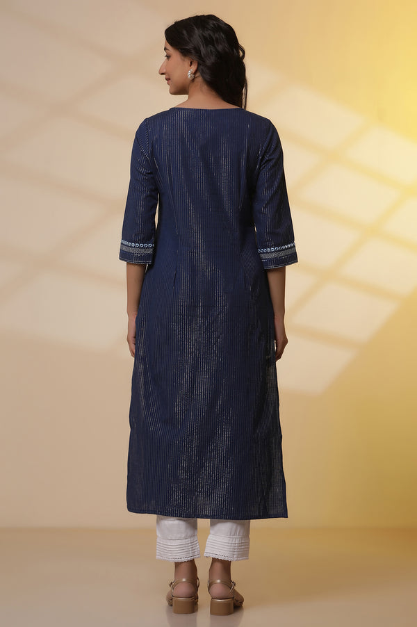 Elleven Women's Blue Lurex Straight Kurta and Pants Set