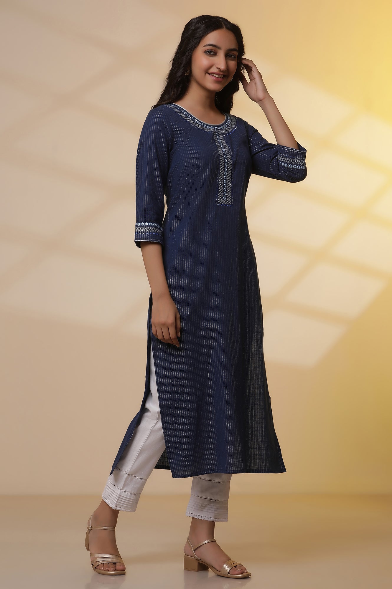 Blue Lurex Straight Kurta and Pants Set