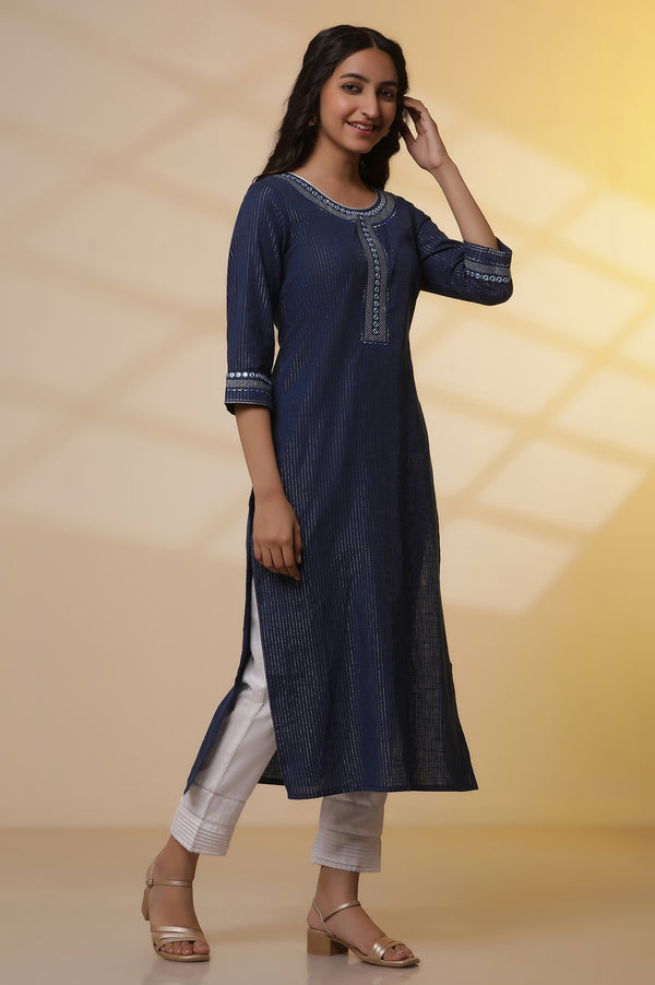 Elleven Women's Blue Lurex Straight Kurta and Pants Set
